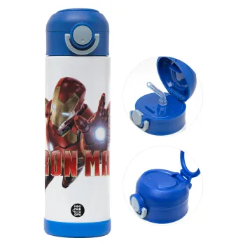 Ironman, Παιδικό παγούρι θερμό, ανοξείδωτο, με καλαμάκι ασφαλείας, ΜΠΛΕ (500ml)