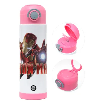 Ironman, Παιδικό παγούρι θερμό, ανοξείδωτο, με καλαμάκι ασφαλείας, ΡΟΖ (500ml)