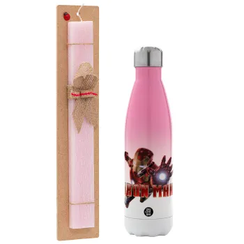 Ironman, Easter Set, Metallic pink/white (Stainless steel) thermos, double-walled, 500ml & aromatic flat Easter candle (30cm) (PINK)