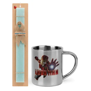 Ironman, Easter Set, metallic thermal cup (300ml) & aromatic flat Easter candle (30cm) (TURQUOISE)