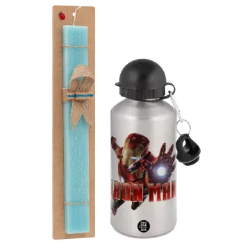 Ironman, Easter Set, metallic silver aluminum water bottle (500ml) & scented flat Easter candle (30cm) (TURQUOISE)