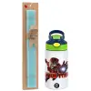 Easter Set, Children's thermal stainless steel bottle with safety straw, green/blue (350ml) & aromatic flat Easter candle (30cm) (TURQUOISE)