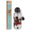 Easter Set, metallic silver aluminum water bottle (500ml) & scented flat Easter candle (30cm) (TURQUOISE)