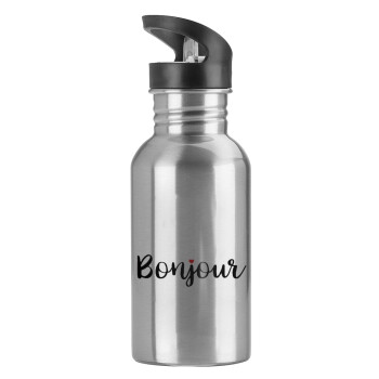 Bonjour, Water bottle Silver with straw, stainless steel 600ml
