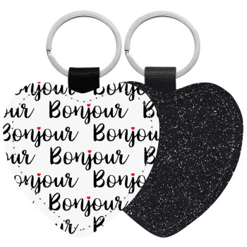 Bonjour, Μπρελόκ PU δερμάτινο glitter καρδιά ΜΑΥΡΟ