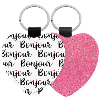 Bonjour, Μπρελόκ PU δερμάτινο glitter καρδιά ΡΟΖ