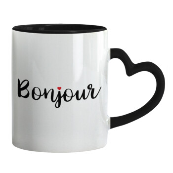 Bonjour, Mug heart black handle, ceramic, 330ml