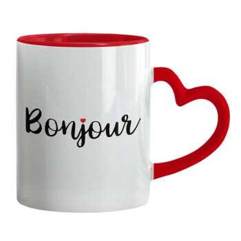 Bonjour, Mug heart red handle, ceramic, 330ml
