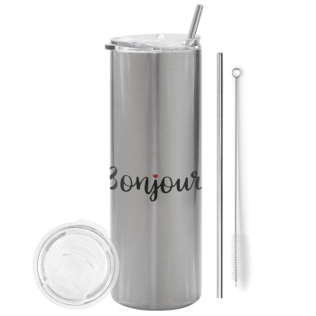 Bonjour, Eco friendly stainless steel Silver tumbler 600ml, with metal straw & cleaning brush