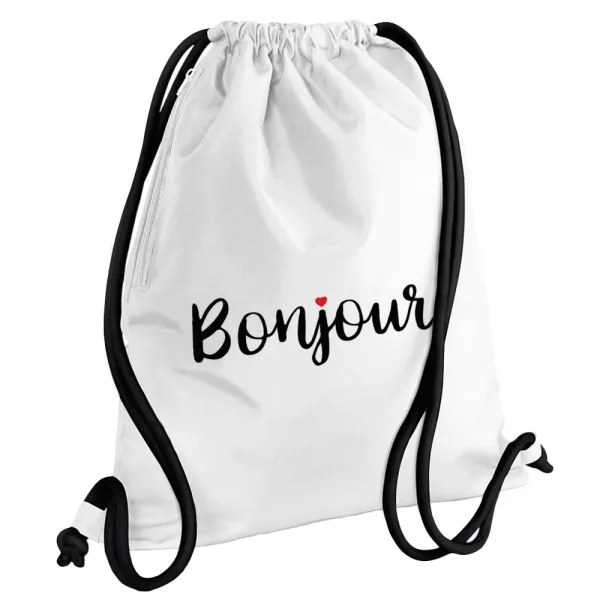 Bonjour — Τσάντα πλάτης πουγκί GYMBAG λευκή, με τσέπη (40x48cm) & χονδρά κορδόνια