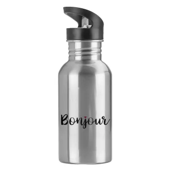 Bonjour, Water bottle Silver with straw, stainless steel 600ml