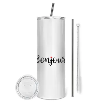 Bonjour, Tumbler ποτήρι θερμό από ανοξείδωτο ατσάλι 600ml, με μεταλλικό καλαμάκι & βούρτσα καθαρισμού