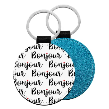 Bonjour, Μπρελόκ Δερματίνη, στρογγυλό ΜΠΛΕ (5cm)