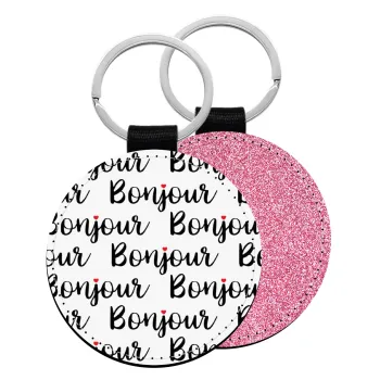 Bonjour, Μπρελόκ Δερματίνη, στρογγυλό ΡΟΖ (5cm)