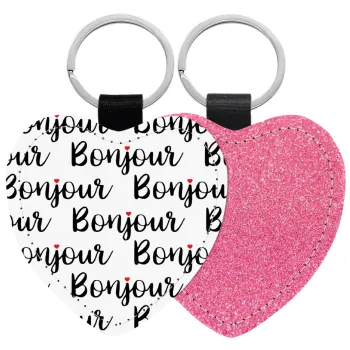 Bonjour, Μπρελόκ PU δερμάτινο glitter καρδιά ΡΟΖ