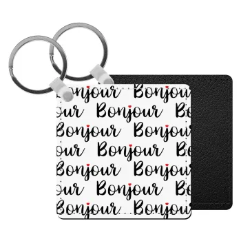 Bonjour, Μπρελόκ Δερματίνη, τετράγωνο ΜΑΥΡΟ (5x5cm)