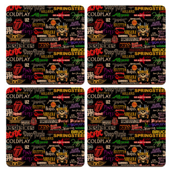 Rock Bands, ΣΕΤ x4 Σουβέρ ξύλινα τετράγωνα plywood (9cm)