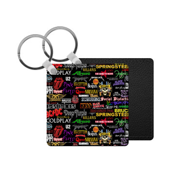 Rock Bands, Μπρελόκ Δερματίνη, τετράγωνο ΜΑΥΡΟ (5x5cm)