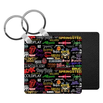 Rock Bands, Μπρελόκ Δερματίνη, τετράγωνο ΜΑΥΡΟ (5x5cm)
