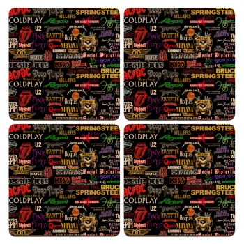 Rock Bands, ΣΕΤ x4 Σουβέρ ξύλινα τετράγωνα plywood (9cm)