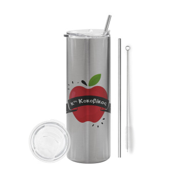 Αναμνηστικό Δώρο Δασκάλου Κόκκινο Μήλο, Tumbler stainless steel Silver 600ml, with metal straw & cleaning brush