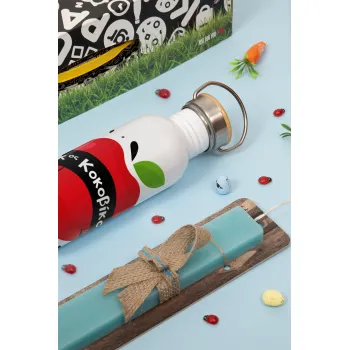 Αναμνηστικό Δώρο Δασκάλου Κόκκινο Μήλο, Πασχαλινή Λαμπάδα με παγούρι μεταλλικό (620ml, stainless steel) & κερί αρωματικό πλακέ (30cm) (ΤΙΡΚΟΥΑΖ)