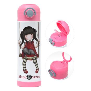 Santoro, Children's hot water bottle, stainless steel, with safety straw, PINK (500ml)