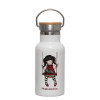 Metallic thermos (Stainless steel) White with wooden lid (bamboo), double-walled, 350ml