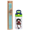 Easter Set, Children's thermal stainless steel bottle with safety straw, green/blue (350ml) & aromatic flat Easter candle (30cm) (TURQUOISE)