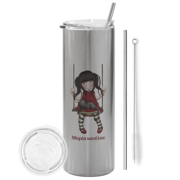 Santoro, Tumbler ποτήρι θερμό Ασημένιο από ανοξείδωτο ατσάλι 600ml, με μεταλλικό καλαμάκι & βούρτσα καθαρισμού