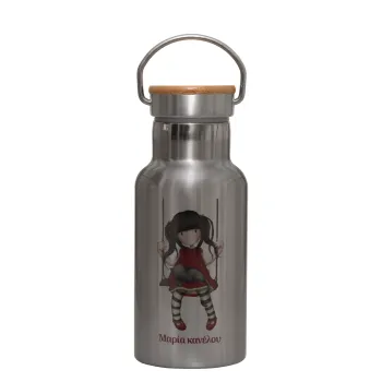 Santoro, Stainless steel metallic thermos flask, silver with a bamboo lid, double-walled, 350ml.