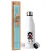Easter Set, metallic stainless steel water bottle (750ml) & aromatic flat Easter candle (30cm) (TURQUOISE)
