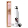 Easter Set, metallic stainless steel water bottle (750ml) & scented flat Easter candle (30cm) (PINK)