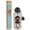 Easter Set, metallic silver aluminum water bottle (500ml) & scented flat Easter candle (30cm) (TURQUOISE)