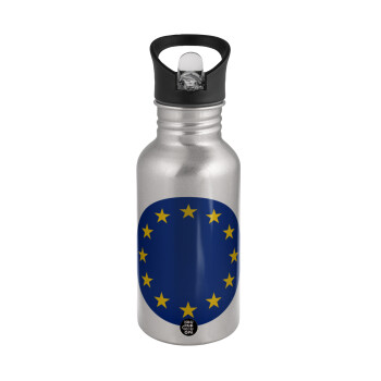 EU, Water bottle Silver with straw, stainless steel 500ml