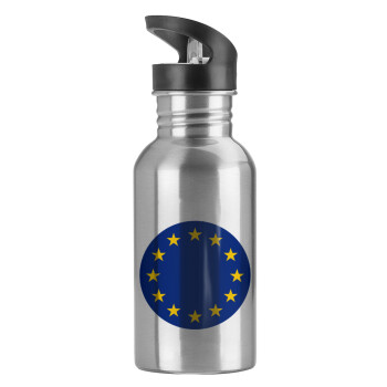 EU, Παγούρι νερού Ασημένιο με καλαμάκι, ανοξείδωτο ατσάλι 600ml