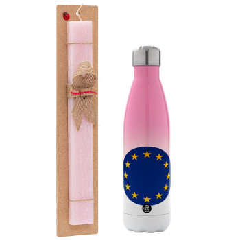 EU, Πασχαλινό Σετ, Μεταλλικό παγούρι θερμός Ροζ/Λευκό (Stainless steel), διπλού τοιχώματος, 500ml & πασχαλινή λαμπάδα αρωματική πλακέ (30cm) (ΡΟΖ)