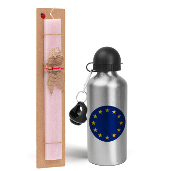 EU, Πασχαλινό Σετ, παγούρι μεταλλικό Ασημένιο αλουμινίου (500ml) & πασχαλινή λαμπάδα αρωματική πλακέ (30cm) (ΡΟΖ)