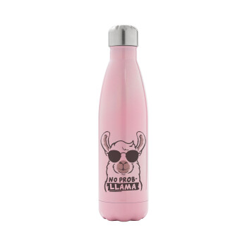 No Prob Llama, Metal mug thermos Pink Iridiscent (Stainless steel), double wall, 500ml