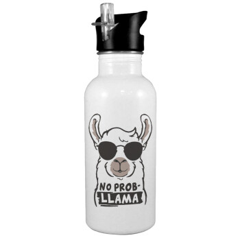 No Prob Llama, White water bottle with straw, stainless steel 600ml