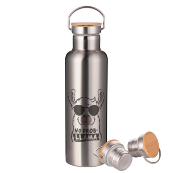 No Prob Llama, Stainless steel Silver with wooden lid (bamboo), double wall, 750ml