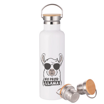 No Prob Llama, Stainless steel White with wooden lid (bamboo), double wall, 750ml