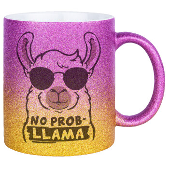 No Prob Llama, Κούπα Χρυσή/Ροζ Glitter, κεραμική, 330ml