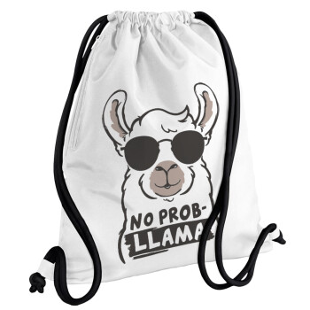 No Prob Llama, Τσάντα πλάτης πουγκί GYMBAG λευκή, με τσέπη (40x48cm) & χονδρά κορδόνια