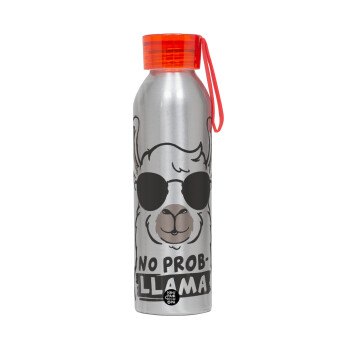 No Prob Llama, Aluminum Sports Bottle 650ml – Silver with Red Cap and Silicone Strap