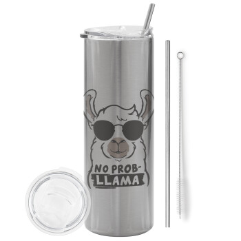 No Prob Llama, Eco friendly ποτήρι θερμό Ασημένιο (tumbler) από ανοξείδωτο ατσάλι 600ml, με μεταλλικό καλαμάκι & βούρτσα καθαρισμού