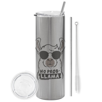 No Prob Llama, Tumbler stainless steel Silver 600ml, with metal straw & cleaning brush