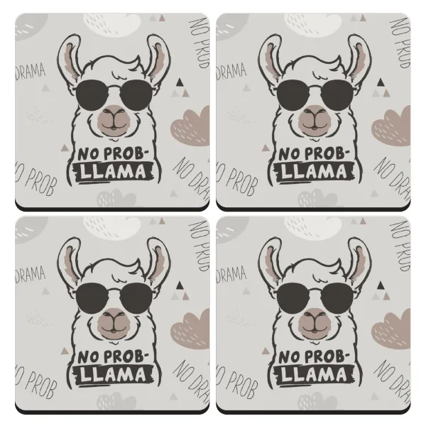 No Prob Llama — Set of 4 square wooden coasters (9cm)