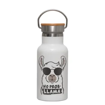 No Prob Llama, Μεταλλικό παγούρι θερμός (Stainless steel) Λευκό με ξύλινο καπακι (bamboo), διπλού τοιχώματος, 350ml