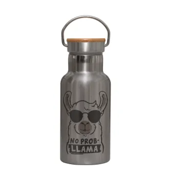 No Prob Llama, Μεταλλικό παγούρι θερμός (Stainless steel) Ασημένιο με ξύλινο καπακι (bamboo), διπλού τοιχώματος, 350ml